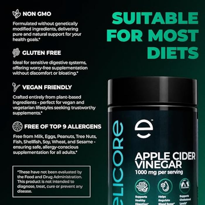 ELICORE Apple Cider Vinegar Gummies 1000mg Metabolism Booster ACV Gummies with Vitamin B12 – Supports Weight Management, Digestion, & Heart Health – Non-GMO Dietary Supplements, 60 Count - Image 5