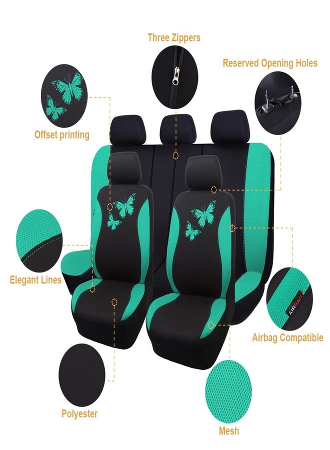 Flying Banner Butterfly car seat Covers ful Set Fashion Universal Lady Woman Female Rear Bench Split Colorized (Full Set, Mint Green) - Image 2