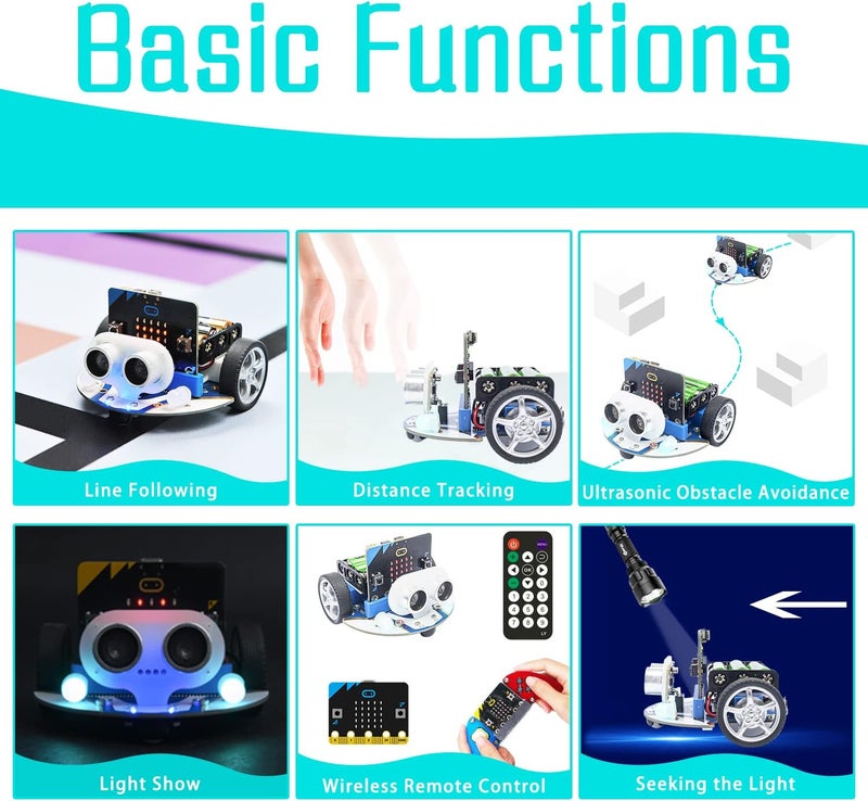 ELECFREAKS microbit Mini Cutebot Kit متوافق مع BBC Micro:bit V2 و V1، مجموعة سيارة روبوت قابلة للبرمجة DIY، مشروع تعليمي STEM، سيارة برمجة رسومية Makecode مع دليل تعليمي (بدون Micro:bit) - Image 3