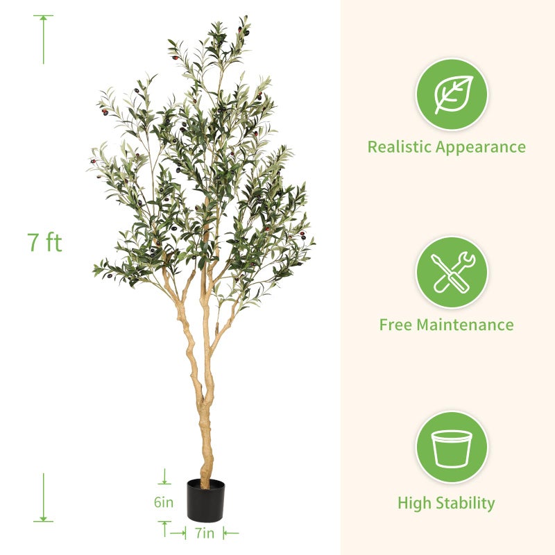 Realead Faux Olive Tree 7ft - Realistic Tall Olive Trees Artificial Indoor - Large Fake Olive Tree with Natural Wood Trunk and Lifelike Leaves - Artificial Olive Tree for Home Office Decor - Image 4