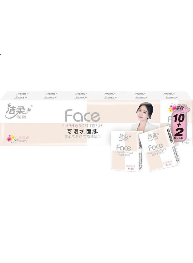 Clean And Soft Jierou Facial Tissues, Pink Face Series, Floral Scent, 4-Ply 8 Sheets 12 Packs, Pm036-12, Single Pack - Image 1
