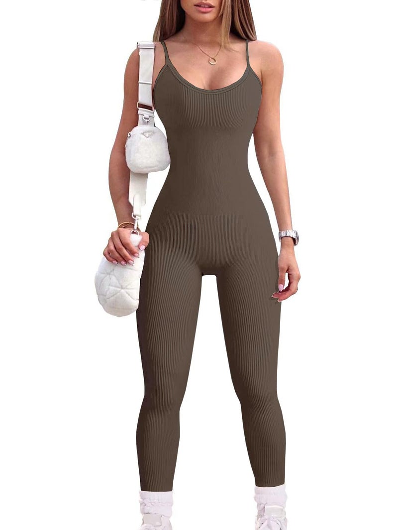 YIOIOIO Women Workout Seamless Jumpsuit Yoga Ribbed Bodycon One Piece Spaghetti Strap Shorts Romper - Image 1