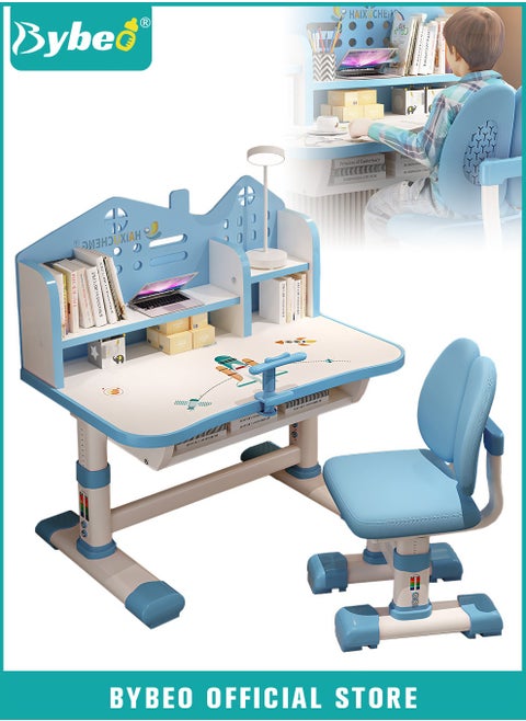 Enlarged Kids Table and Chair Set, Multifunctional Children's Reading Study Activity Desk, Ergonomic Toddler Chairs, with Storage Drawer, Bookcase, Double Shelves, for School Student Writing Studying