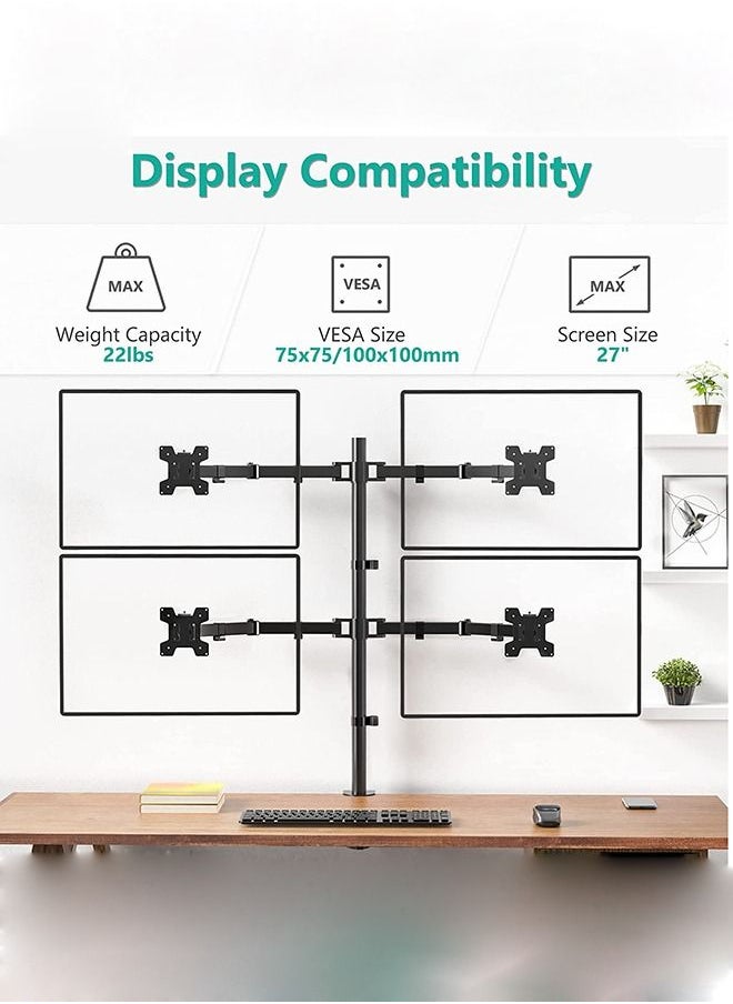 Arabest - Quad Monitor Stand, 4 Monitor Stand Fits Heavy Duty Computer Screen up to 27 inch, Full Adjustable Desk Mount Holds up to 22 lbs per Arm , Black - Image 1