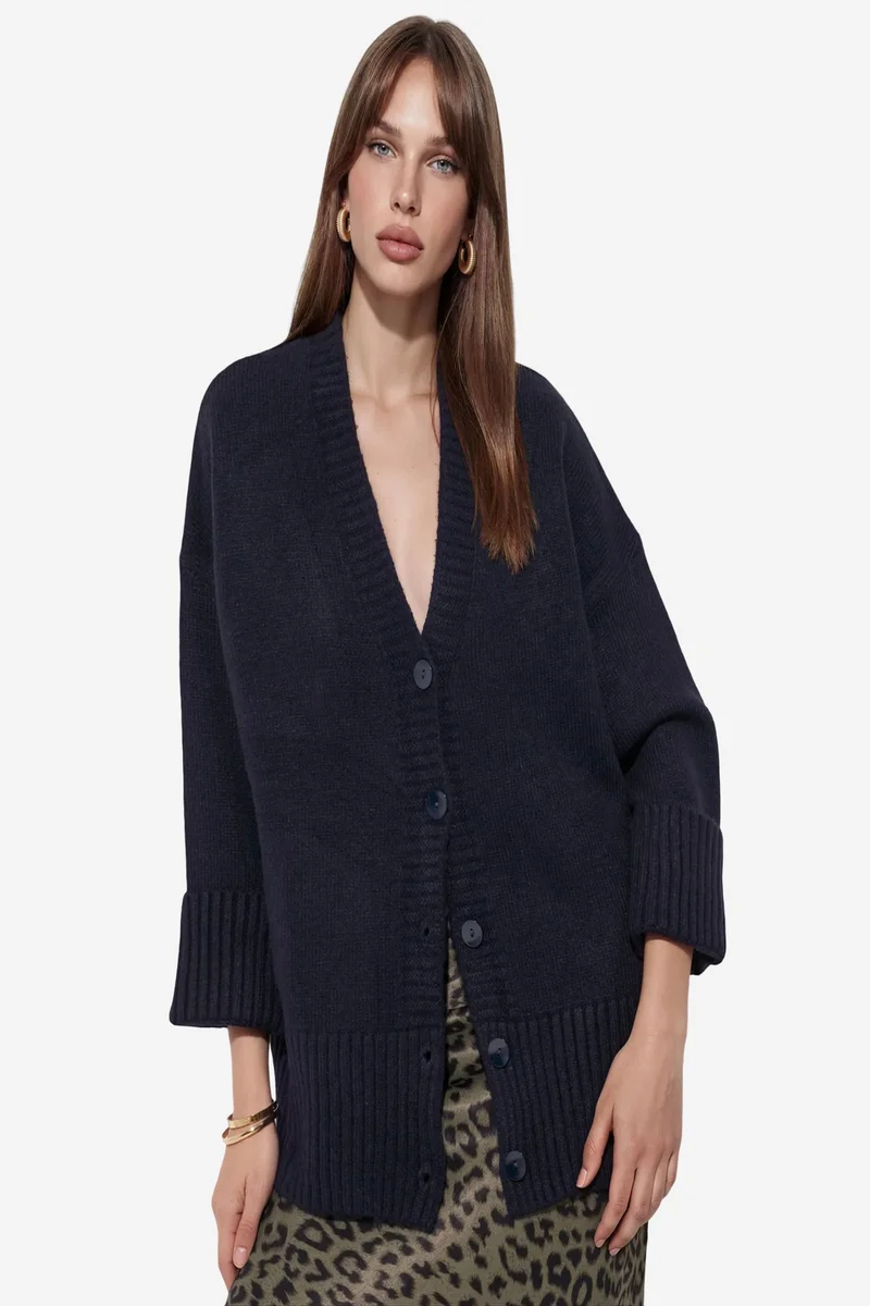 Viorna VIORNA Ribbed V-Neck Button Cardigan