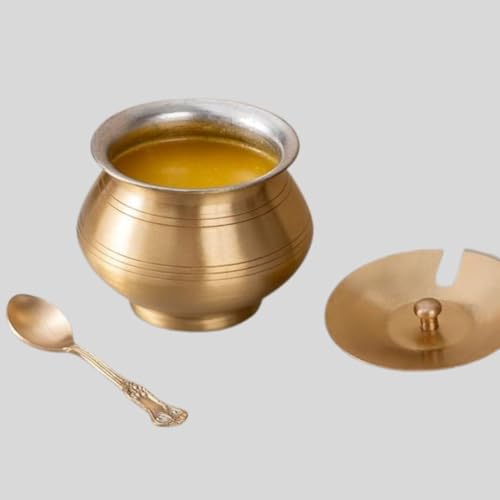 The Advitya Brass Ghee Container with Spoon | Ghee Pot with Tin Coating | Oil Storage Jar for Kitchen | Handcrafted Condiment Storage Container | 300 ml - Image 5