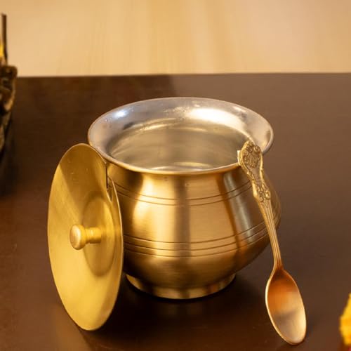 The Advitya Brass Ghee Container with Spoon | Ghee Pot with Tin Coating | Oil Storage Jar for Kitchen | Handcrafted Condiment Storage Container | 300 ml - Image 4