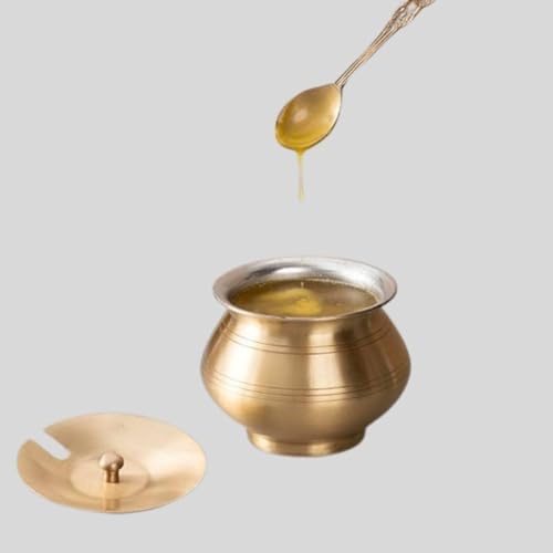 The Advitya Brass Ghee Container with Spoon | Ghee Pot with Tin Coating | Oil Storage Jar for Kitchen | Handcrafted Condiment Storage Container | 300 ml - Image 1