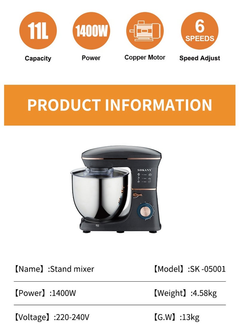 sokany - Stand Mixer, 11 liters, 1400 watts, Multi-function Kitchen Machine, with Lid Splash-Proof SK-05001 Black - Image 1