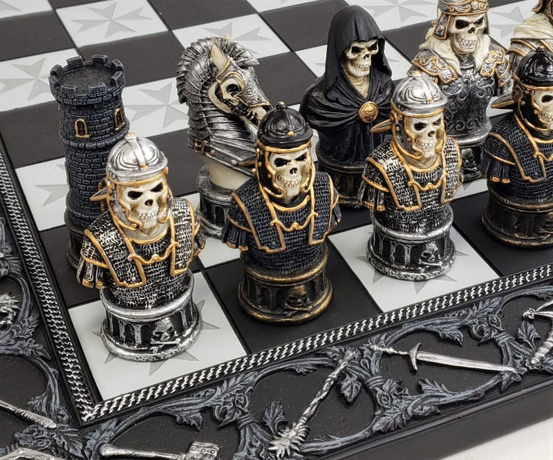 Medieval Times Skull Busts Gothic Fantasy Skeleton Knights Chess Set with 17 Maltese Board