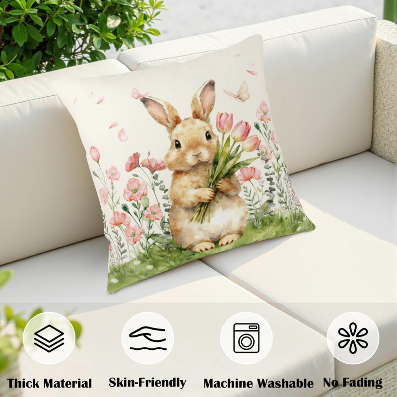 Wnoesat Easter Bunny Outdoor Pillow Covers 18x18 Set of 2 Watercolor Pink Flowers Pillows Cases Farmhouse Rabbit Floral Pillowcase for Sofa Couch Home Decor - Image 3