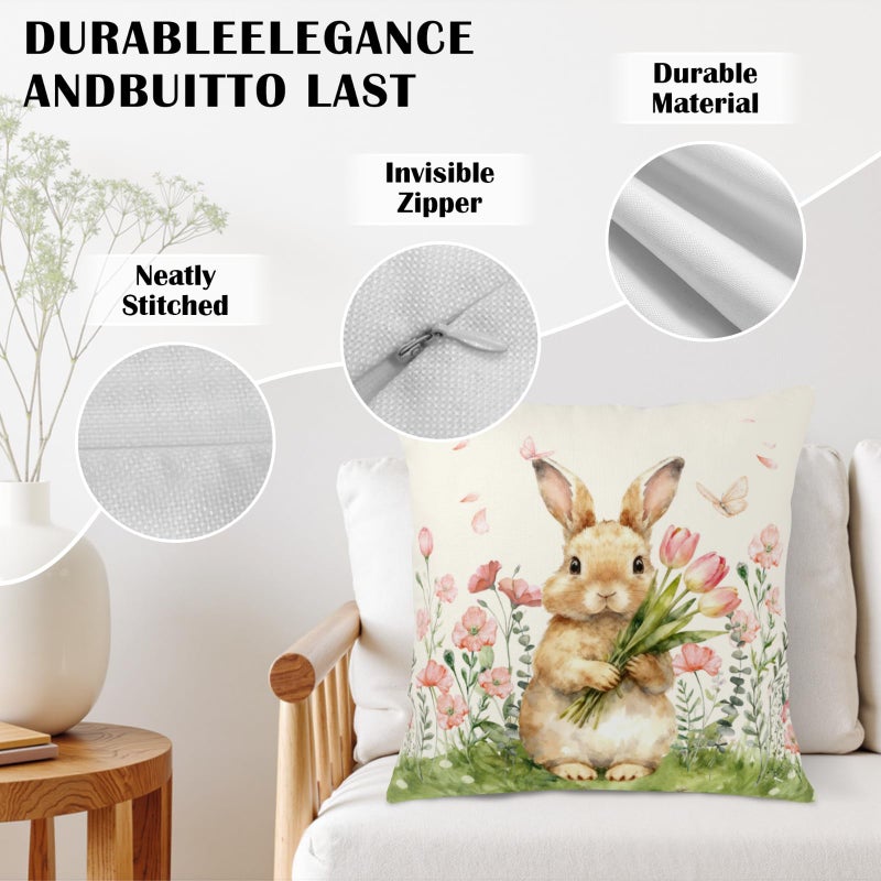 Wnoesat Easter Bunny Outdoor Pillow Covers 18x18 Set of 2 Watercolor Pink Flowers Pillows Cases Farmhouse Rabbit Floral Pillowcase for Sofa Couch Home Decor - Image 5
