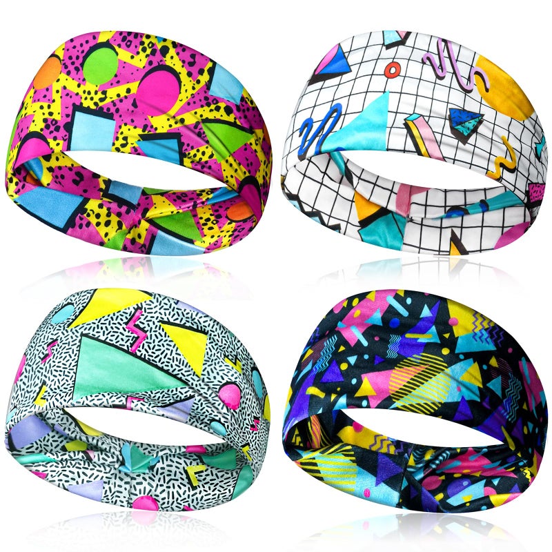 yfstyle 80s 90s Headbands 80s 90s Accessories for Glow Party Retro Print Travel Party Sweatbands Yoga Running Fitness Hair Bands 4Pcs - Image 1