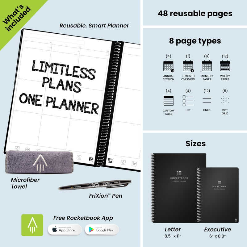 Rocketbook Smart Reusable Everyday Planner. Week, Month, Annual, To-Do List, Goal Templates. Journal and Notebook Pages. Undated Organizer, 6" x 8.8" Executive Size with Pen and Cloth, Black