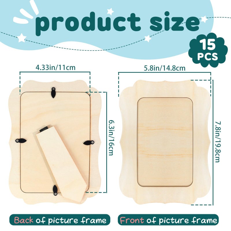 VOKOY 15 Pack Wooden Picture Frames for Crafts, 4x6 Inch Unfinished Paintable Wood Frames, Small Standing Photo Frame for DIY Wood Decorative Arts, Birthday Party Valentine's Day Gifts, Vinatge Wave Shape - Image 2