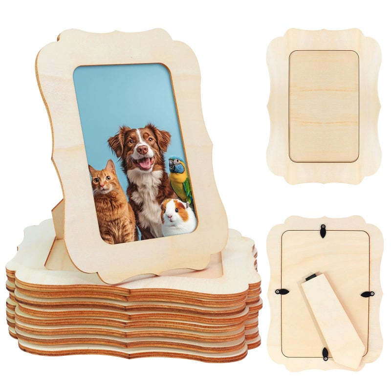 VOKOY 15 Pack Wooden Picture Frames for Crafts, 4x6 Inch Unfinished Paintable Wood Frames, Small Standing Photo Frame for DIY Wood Decorative Arts, Birthday Party Valentine's Day Gifts, Vinatge Wave Shape - Image 1