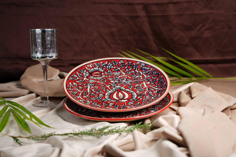 Caffeine Ceramic Handmade Stoneware Red Mughal Quarter Plate 7”(Set of 2 Dishwasher & Microwave Safe) - Image 1