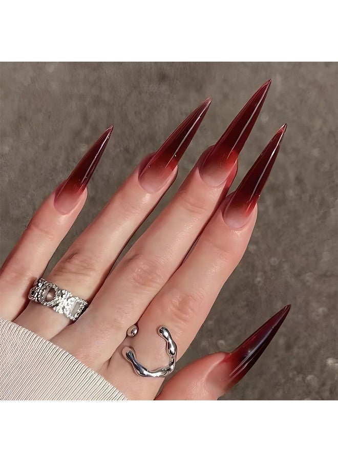 MISUD Press On Nails Long Stiletto Fake Nails Glossy Glue On Nails Wine Red Ombre Acrylic Nails Sharp Almond Artificial Nails Goth Burgundy Gradient Stick On False Nails With Design 24 Pcs - Image 1