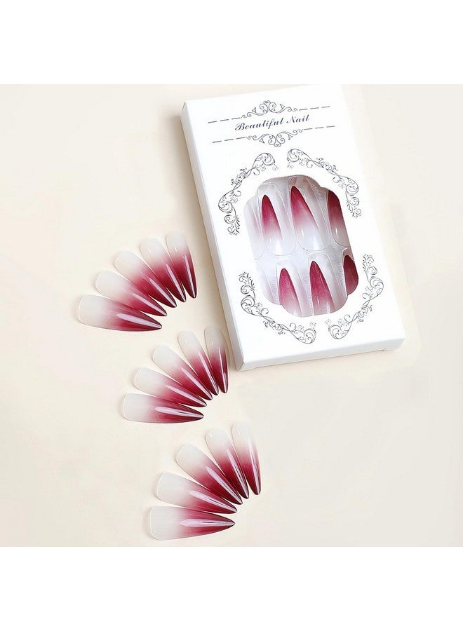 MISUD Press On Nails Long Stiletto Fake Nails Glossy Glue On Nails Wine Red Ombre Acrylic Nails Sharp Almond Artificial Nails Goth Burgundy Gradient Stick On False Nails With Design 24 Pcs - Image 4