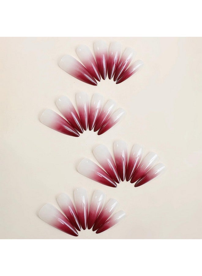 MISUD Press On Nails Long Stiletto Fake Nails Glossy Glue On Nails Wine Red Ombre Acrylic Nails Sharp Almond Artificial Nails Goth Burgundy Gradient Stick On False Nails With Design 24 Pcs - Image 3