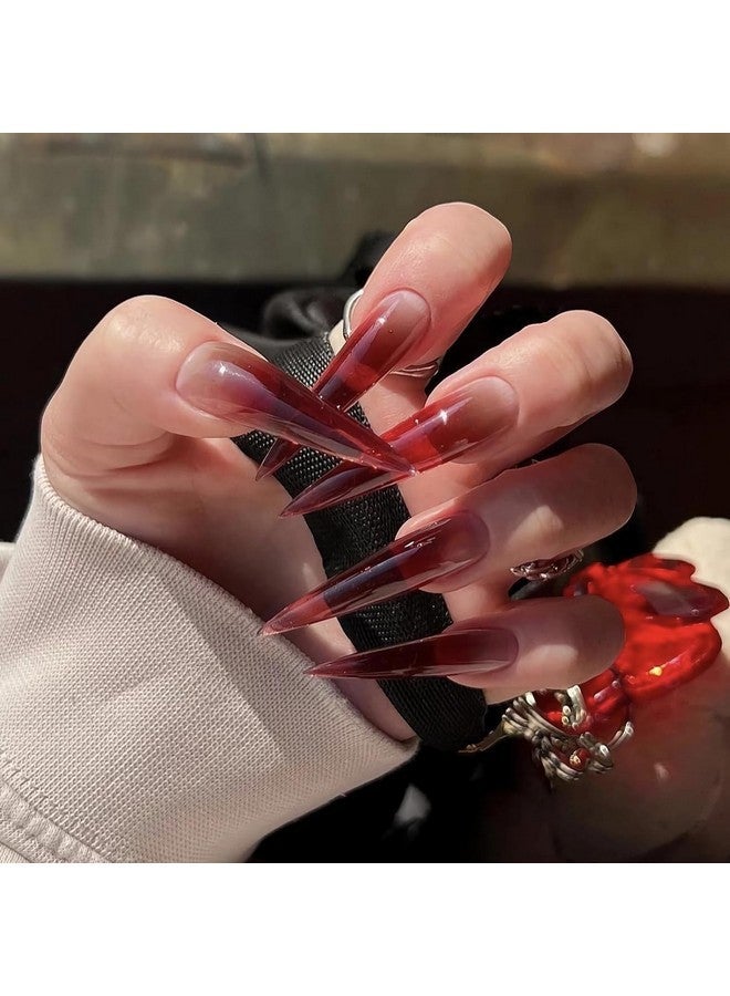 MISUD Press On Nails Long Stiletto Fake Nails Glossy Glue On Nails Wine Red Ombre Acrylic Nails Sharp Almond Artificial Nails Goth Burgundy Gradient Stick On False Nails With Design 24 Pcs - Image 2