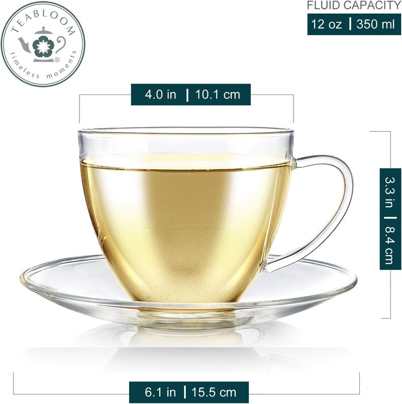 Teabloom Teabloom Royal Teacup and Saucer Set 4Pack  Large Size  12 OZ 350 ML Capacity  Crystal Clear Classic Design  Glass Mug Set  Premium Healthful Borosilicate Glass  Odor and StainFree - Image 2