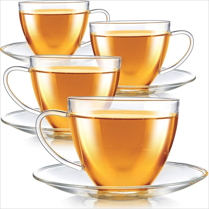 Teabloom Teabloom Royal Teacup and Saucer Set 4Pack  Large Size  12 OZ 350 ML Capacity  Crystal Clear Classic Design  Glass Mug Set  Premium Healthful Borosilicate Glass  Odor and StainFree - Image 3
