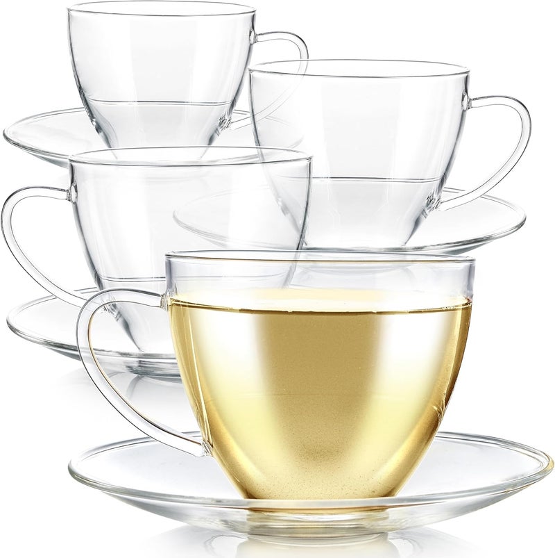Teabloom Teabloom Royal Teacup and Saucer Set 4Pack  Large Size  12 OZ 350 ML Capacity  Crystal Clear Classic Design  Glass Mug Set  Premium Healthful Borosilicate Glass  Odor and StainFree - Image 1