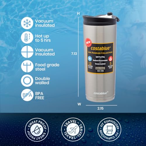 costablue Travel Coffee Mug - 16 Oz. Stainless Steel Insulated Coffee Mug, Leak Proof Tumbler w/Dishwasher Safe Lid, Double Wall Travel Coffee Cup, Reusable Insulated Tumbler for Hot & Cold Beverages… - Image 5