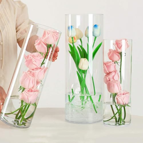 Liotww Acrylic Cylinder Clear Vases, Tall Large Plastic Flower Vase for Bouquet, Unbreakable Hurricane Vases Set of 3 for Centerpieces (D 6", D 4.8", D 4" + 3 Holder) - Image 1
