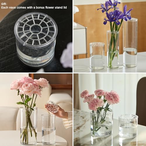 Liotww Acrylic Cylinder Clear Vases, Tall Large Plastic Flower Vase for Bouquet, Unbreakable Hurricane Vases Set of 3 for Centerpieces (D 6", D 4.8", D 4" + 3 Holder) - Image 5