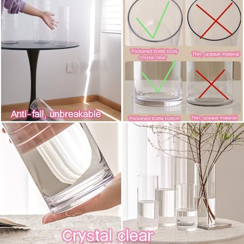 Liotww Acrylic Cylinder Clear Vases, Tall Large Plastic Flower Vase for Bouquet, Unbreakable Hurricane Vases Set of 3 for Centerpieces (D 6", D 4.8", D 4" + 3 Holder) - Image 2