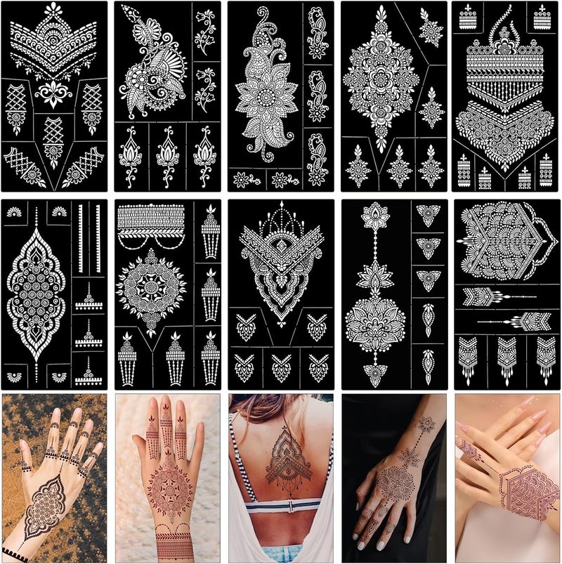 مجموعة قوالب الوشم HOWAF 10 للنساء قوالب وشم لامعة قابلة لإعادة الاستخدام فن الجسم وشوم مؤقتة قوالب وشم ورق زهرة هندية دانتيل للوشم المؤقت لليد والأصابع للنساء والفتيات