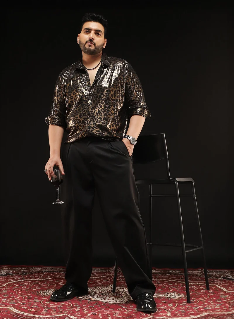 Instafab Plus Instafab Plus Men's Antique Gold Metallic-Cheetah Velvet Shirt | Spread Collar , Long Cuffed Sleeves , Button Closure , Curved Hemline | Animal-Print Velvet Polyester Blend For Evening & Party Wear