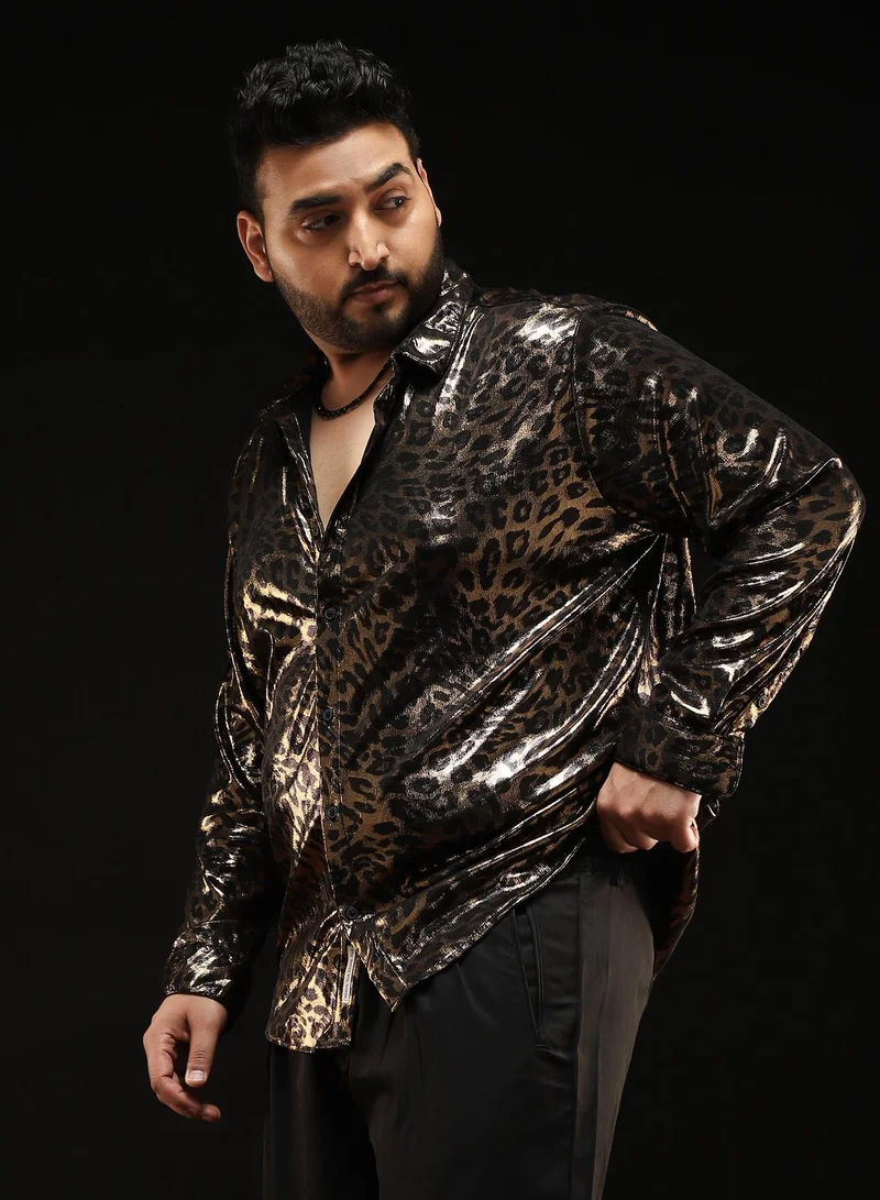 Instafab Plus Instafab Plus Men's Antique Gold Metallic-Cheetah Velvet Shirt | Spread Collar , Long Cuffed Sleeves , Button Closure , Curved Hemline | Animal-Print Velvet Polyester Blend For Evening & Party Wear