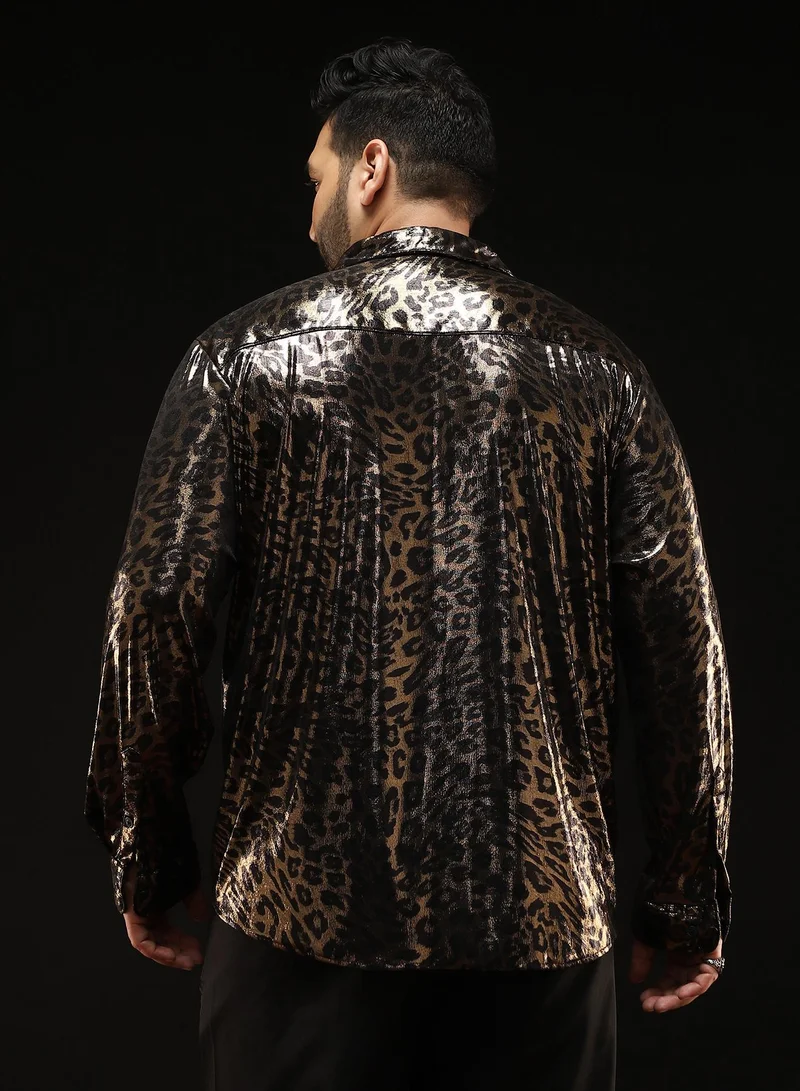 Instafab Plus Instafab Plus Men's Antique Gold Metallic-Cheetah Velvet Shirt | Spread Collar , Long Cuffed Sleeves , Button Closure , Curved Hemline | Animal-Print Velvet Polyester Blend For Evening & Party Wear
