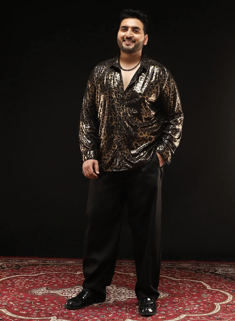 Instafab Plus Instafab Plus Men's Antique Gold Metallic-Cheetah Velvet Shirt | Spread Collar , Long Cuffed Sleeves , Button Closure , Curved Hemline | Animal-Print Velvet Polyester Blend For Evening & Party Wear