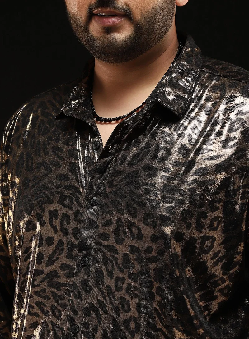 Instafab Plus Instafab Plus Men's Antique Gold Metallic-Cheetah Velvet Shirt | Spread Collar , Long Cuffed Sleeves , Button Closure , Curved Hemline | Animal-Print Velvet Polyester Blend For Evening & Party Wear