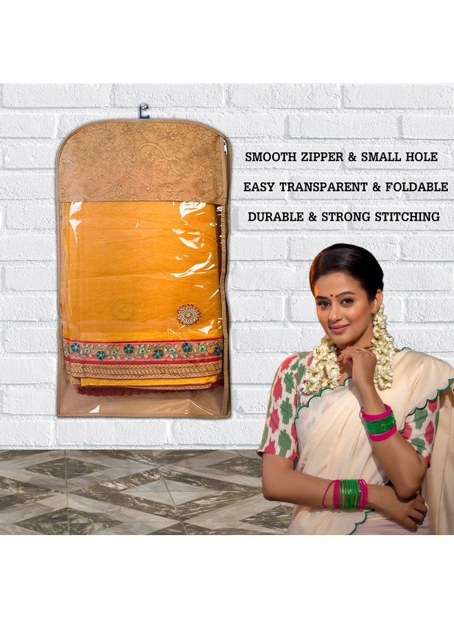 Kuber Industries Hanging Saree Cover for Clothes Storage|Non Woven Flower Pattern Wardrobe Organizer With Transparent Window|Pack of 12 (Cream) - Image 5