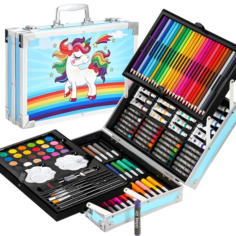 MGNLR 145 Pieces Drawing Color Kit Sketch Color Pencil Set, Aluminum Case Art Kit, Art and Craft Supplies Kit For Drawing And Painting With Oil Pastel, Water Color, Color Pencils, Sketch Pen (BLUE) - Image 1