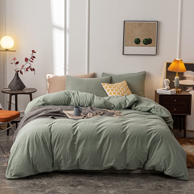WASHED COTTON DUVET COVER KING ULTRA SOFT 100 COTTON SOLID COLOR OLIVE GREEN DUVET COVER SET WITH ZIPPER CLOSURE 3 PIECES OLIVE GREEN KING