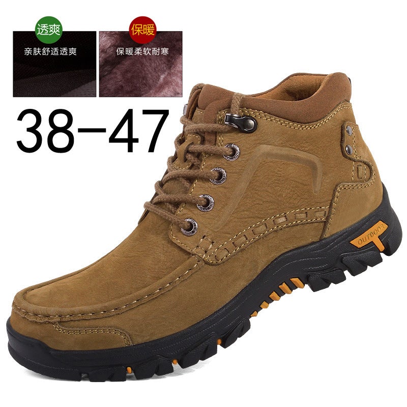 Winter Fleece-Lined Warm Outdoor Casual Cotton-Padded Shoes Sports Mountaineering Shoes High-Top Lace-Up Platform Non-Slip Matte Cowhide - Image 2