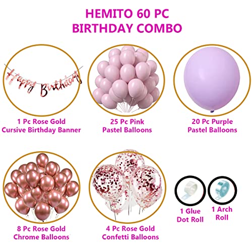 Hemito Birthday Decoration Kit 60 pc Pink Purple Pastel Balloons Combo with Birthday Paper Banner, Arc, Glue Dot for girls Kids Baby Birthday Decoration Items | Birthday Decoration Combo - Image 2