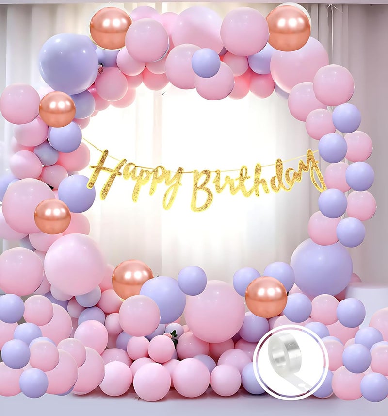 Hemito Birthday Decoration Kit 60 pc Pink Purple Pastel Balloons Combo with Birthday Paper Banner, Arc, Glue Dot for girls Kids Baby Birthday Decoration Items | Birthday Decoration Combo - Image 1