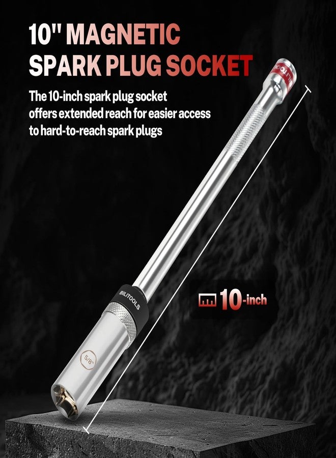 BILITOOLS 5/8-inch Magnetic Spark Plug Socket Swivel Thin Wall Spark Plug Socket 3/8-inch Drive x 10" Total Length with 6-Point, CR-V - Image 4