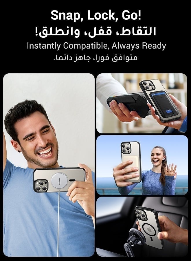 مجيد جراب هاتف مغناطيسي لهاتف iPhone 15 Pro Max مزود بحامل تخزين مدمج للكاميرا متوافق مع MagSafe، جراب هاتف فائق النحافة مقاوم للصدمات بطول 16 قدمًا لهاتف iPhone 15 ProMax مقاس 6.7 بوصة، أسود وشفاف - Image 3