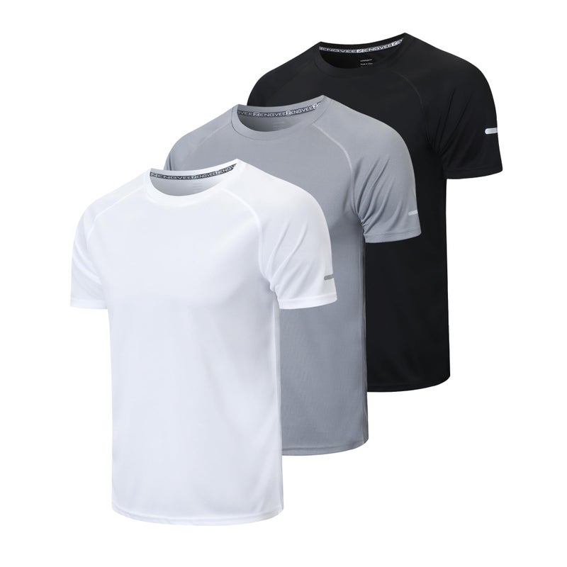 frueo Menâ€™s 3 Pack Traning T-Shirt Quick Dry Workout Athletic Tee,520,Black Gray White,XL