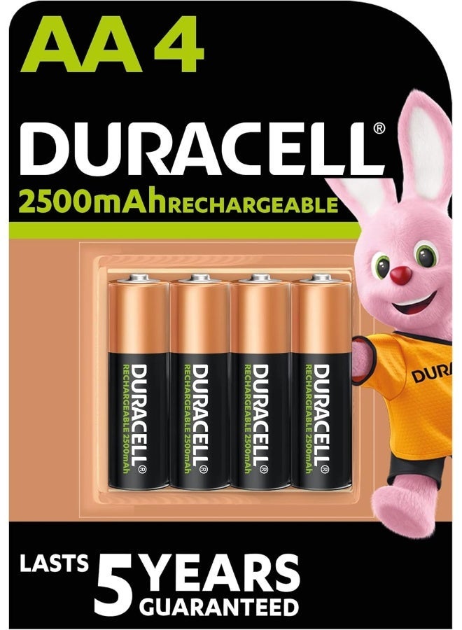 Duracell - Rechargeable AA 2500mAh DX1500 NiMH 1.2V Batteries Long Lasting Power 5 Year - Pack Of 4 - 10 Years Shelf Life