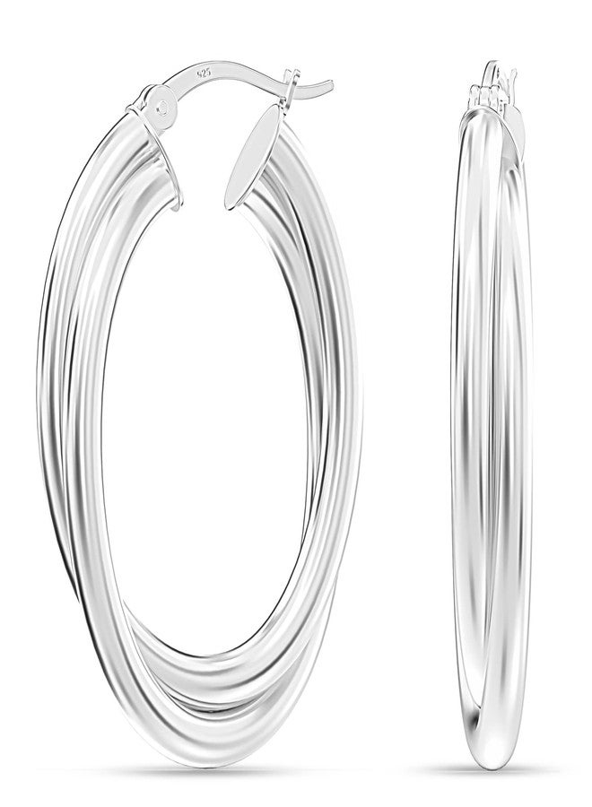 LeCalla 925 Sterling Silver Chunky Hoop Earrings | 14K Two-Tone Three-Tone Hoop Earrings | Intertwining Oval Shape Polished Twisted Hoop Earrings for Women, 35 millimeters, Sterling Silver, No - Image 3