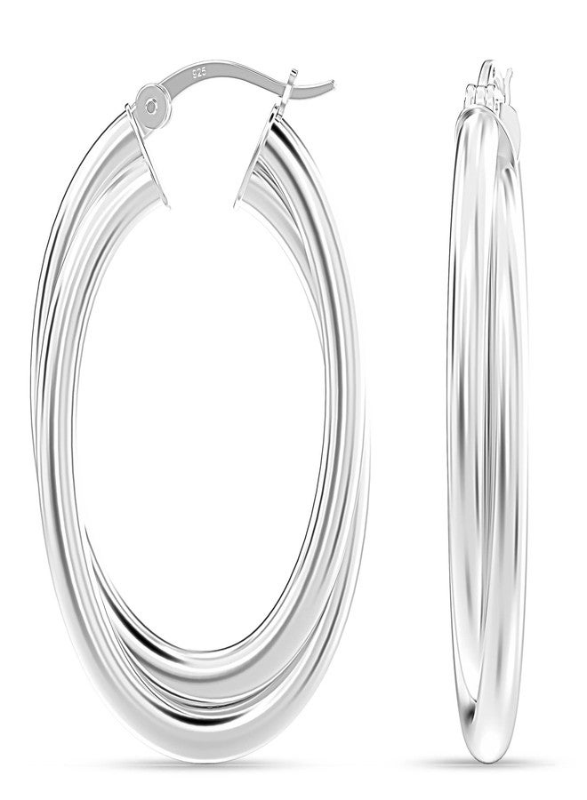 LeCalla 925 Sterling Silver Chunky Hoop Earrings | 14K Two-Tone Three-Tone Hoop Earrings | Intertwining Oval Shape Polished Twisted Hoop Earrings for Women, 35 millimeters, Sterling Silver, No - Image 1